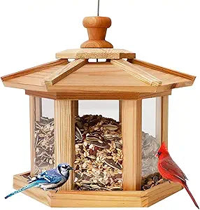 Solution4Patio Bird Feeder for Outdoors - USA Cedar Hexagon Gazebo Bird Feeders with Vented Mesh Tray, Easy-Clean & Fill Design 9.6" Dia. X 8.7" H 3.2-lb Capacity