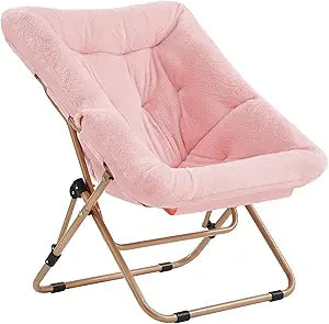 Tiita Comfy Folded Chair, Soft Faux Fur Oversized Folding Accent Chair, Lazy Chair for Teens Adults, Metal Frame Moon Chair for Bedroom, Living Room, Dorm Rooms, X-Large Pink