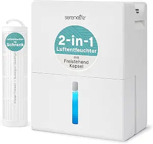 SereneLife 2-in-1 91 Oz Dehumidifier For Home, Bedroom, Bathroom, Basement with Removable Cylinder & Drying Base, Timer, Sleep Mode, & Smart Humidity Control, Covers 1200 Sq Ft 9 x 6 x 13 in, White