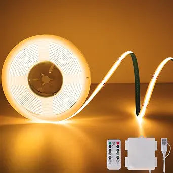 OMIKA 6.56FT COB LED Strip Lights, Warm White Battery Powered 640LED Strip Lights with Remote Control Timer Dimmable Flexible Cuttable Tape Lights for Cabinet Shelves Bedroom