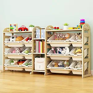Toy Storage Organizer, 59.6" W White 5-Shelf Bookcase/Bookshelf with 12 Toy Bins, Large Toy Organizers and Storage, Toy Box for Playrooms, Bedrooms Organization