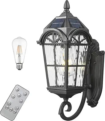 Solar Outdoor Wall Lights Exterior, Wall Mounted Lights with Remote Dusk to Dawn LED Solar Sconces Porch Lighting Waterproof Outside Lights for House Patio Doorway Porch Walkway, Black
