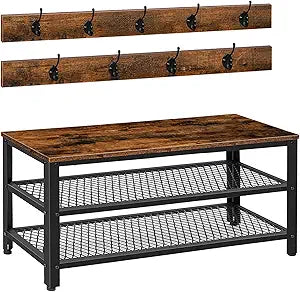 HOOBRO Hall Tree Entryway Storage Bench, Coat Rack Shoe Bench, Shoe Rack Organizer with Coat Hooks, 3-in-1 Design, Wooden Furniture with Metal Frame, Rustic Brown and Black BF171MT01