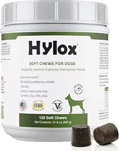 Hylox Soft Chews for Dogs Joint Support with Glucosamine, MSM, Creatine, Hyaluronic Acid, Turmeric, EPA & DHA Supports Joints & Cushions Connective Tissues NASC Certified 120 Soft Chews