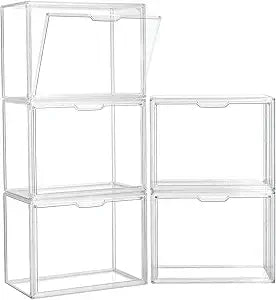 ZLLZUU Clear Storage Bins with Lids, 5 Pack Acrylic Display Case with Magnetic Door for Cosmetic Collectibles Large Figures Models, Stackable Acrylic Storage Box for Home Office Living Room Dorm