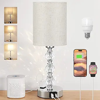 White Touch Bedside Lamps for Bedrooms - Crystal Table Lamp with USB C+A Charging Port and AC Outlet Nightstand, 3 Way Dimmable Silver Small End Side Table Lamp for Living/Guest/Dinning Room/Kitchen