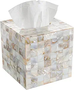 Milano Tissue Box Cover Square Decorative Tissue Holder for Bathroom - Beautiful Natural Mother of Pearl Capiz Shells Tissue Box Holder - Cube Tissue Box Cover with Durable Bottom Slider
