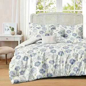 Nanko White And Blue Floral Duvet Cover Set Queen Size, Dandelion Flower Green Leaf Print Pattern, Soft Microfiber Comforter Bedding Cover with Zip Ties - Spring Farmhouse for Women Men, 3 Pcs 90 x 90