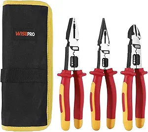 3 Pcs Insulated Pliers Set, Multifunctional Insulated Electrician Pliers with Pouch Including Linesmans/Needle Nose/Diagonal Cutters for Screwing, Crimping, Stripping, Shearing
