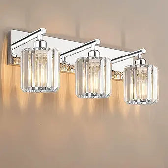 Brushed Chrome Crystal Bathroom Vanity Light, 3-Light Modern Bathroom Lighting Fixtures Over Mirror,Chrome Wall Sconce Light Fixtures with Round Shade