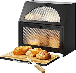 STDDRE Bamboo Bread Box with Cutting Board, Double Layer Extra Large Bread Storage Bin with Door Panel for Kitchen Counter (Black)