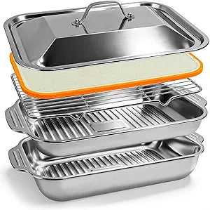 Grilling Prep and Serve Trays with Upgraded Lid, Stainless Steel Extra Large Grill Carry System, Deep Marinating Container with Cutting Board for BBQ Outdoor Grilling