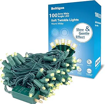 Boltigen Soft Twinkle Lights, 100LED Slow Twinkling, 5mm Wide Angle Christmas Lights, UL Certified 27 Ft Extendable for Home Garden Indoor Outdoor Use Party Wedding Day Decoration