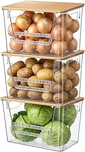 3 Set Pantry Organizers and Storage with Bamboo Lids, Stackable Clear Plastic Bins with Handles and Removable Front Baffle for Potato, Onion, Garlic, Fruit, Vegetables, Kitchen Counter and Under Sink
