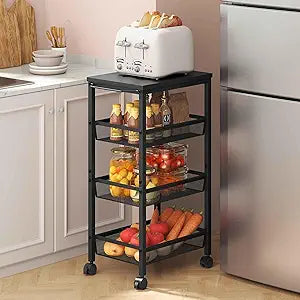 Hoctieon Rolling Storage Cart, 4-Tier 11.8" Wide Panel Rolling Kitchen Storage Cart, Utility Cart with Handle & Wheels, Mobile Shelving Unit, Metal Frame Narrow Cart for Home Kitchen, Laundry, Black