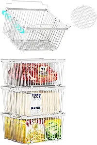 Large Freezer Organizer BinsUpgraded Bottom Leak-Proof netFit 5 to 9 Cu Ft Chest Freezer4 Pack Expandable Stackable Chest Freezer Containers with Handle (White-4P)