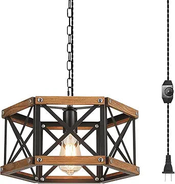 Rustic Farmhouse Plug in Pendant Light Fixture with Adjustable Chain, Dimmable Switch, 14.5 inch Industrial Oak Wood and Metal Cage Hanging Lamp for Kitchen Island Dining Room Farmhouse, Black