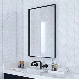 VocalStar Black Metal Framed Bathroom Mirror for Wall, 18 x 26 Inch Square Corner Rectangle Black Bathroom Vanity Mirror Modern Farmhouse, 1/4-inch Shatterproof Glass | Ultra-Flush Hanging