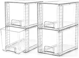 4 Pack Stackable Acrylic Storage Drawers Clear Plastic Organizer Bins, Easy to Assemble, Suitable for Bathroom, Undersink, Kitchen, Pantry, Makeup, Medicine Organization