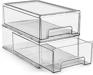 Sorbus Medium Clear Storage Drawers (2 Pack) Stackable Organizer Drawers for Fridge, Pantry, Kitchen Pull-Out Storage Bins with Handles, Slide Out Acrylic Drawers