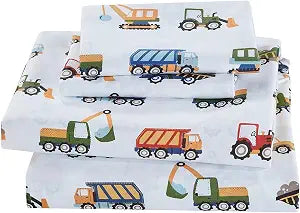 Fancy Linen Sheet Set Flat Fitted and Pillow Case Set for Boys/Girls Multi Color New (Construction Trucks, Full)