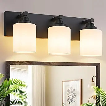Vanity Lights for Bathroom, 3-Light Matte Black Bathroom Vanity Light Over Mirror with Milky White Glass Shades, Modern Bathroom Light Fixtures for Living Room Hallway Cabinet (Bulbs Not Included)