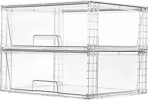 Vtopmart 2 Pack Large Stackable Storage Drawers,Easily Assemble Clear Acrylic Bathroom Closet Undersink Organizers,Plastic Storage Bins for Cabinet,Kitchen Pantry,Medicine Organization