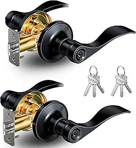 Veise 2 Pack Keyed Entry Door Lever, Same Key Wave Handle Lock for Exterior & Interior Door, Door Knobs with Lock and Key, Rust-Proof Bedroom Door Lock, Zinc Alloy Right Left Handed, Matte Black