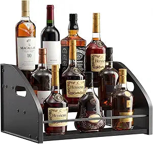 Countertop Liquor Bottle Organizer Shelf Rustic Display Rack for Wine & Coffee Syrups, Freestanding Bar and Kitchen Storage with Easy-Carry Handles (3-Tier)