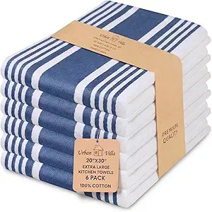 Urban Villa Kitchen Towels 100% Cotton Dish Towels for Kitchen (Set of 6) 20x30 Dish Cloths Highly Absorbent Kitchen Linen Set with Hanging Loop Perfect for Drying Dishes Cleaning Towels-Blue White