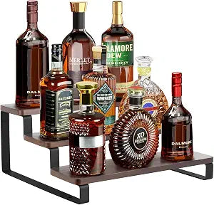 Mkono Small Liquor Bottle Display Shelf 3 Tier Coffee Bar Accessories Rustic Syrup Stand Wine Racks Countertop for Whiskey Tabletop Kitchen,13 Inch