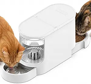JUNSPOW Automatic Cat Feeder 2-in-1 Set, Gravity Cat Food Feeder and Water Dispenser, Dog Feeding & Watering Supply with Stailess Steel Bowls, Large Capacity Low Noise, White