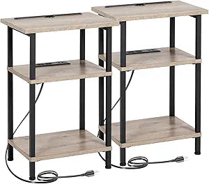 AMHANCIBLE End Table with Charging Station, Side Tables with USB Ports & Outlets, Narrow Night Stands Set of 2 with 3-Tier Storage Shelf for Bedroom, Living Room, Grey HET035GY