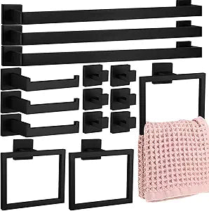 Gisafai 15 Pcs Black Bathroom Hardware Accessories Set 23.6 Inch Bath Towel Bar Kit Stainless Steel Bathroom Hardware Set Towel Racks Ring Robe Hooks Paper Holder for Wall Mounted