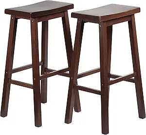 PJ Wood Classic Saddle-Seat 29 Inch Tall Kitchen Counter Stools for Homes, Dining Spaces, and Bars w/Backless Seats, 4 Square Legs, Walnut, Set of 2