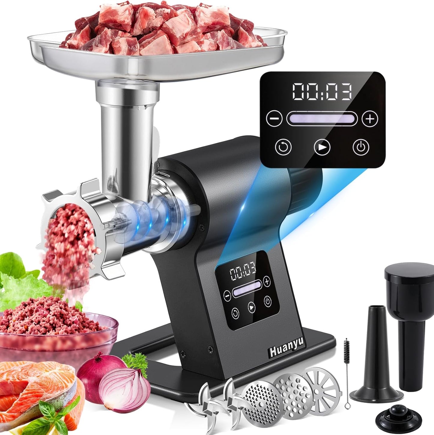 Huanyu 2000W Heavy Duty Electric Meat Grinder for Bone and Game Meat, 5-Speed Touchscreen with Auto Reverse, #10 Outlet Ideal for Homemade Pet Food, Venison, and Home Kitchen