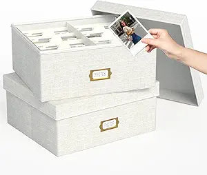 Decorative Photo Storage Box - 2 Pack Linen Photo Box Organizer with Dividers, Fits Holds Up to 1700 Pictures and 4x6 Photos, Memory Keepsake Organizer for Scrapbook Supplies, Cards, Stamps (Beige)