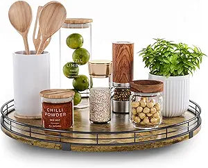 Lazy Susan Turntable Organizer for Table Top, 16 Round Wooden Lazy Susan for Cabinet Kitchen Countertop Pantry Dining Coffee Table for Condiments Spices, Rustic Bathroom Vanity Tray for Soap Candle