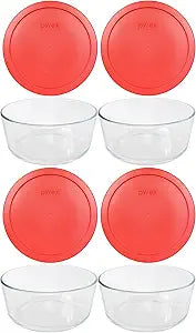 Pyrex 7203 7-Cup Glass Bowl and 7402-PC Red Lid (4-Pack) - Made in USA