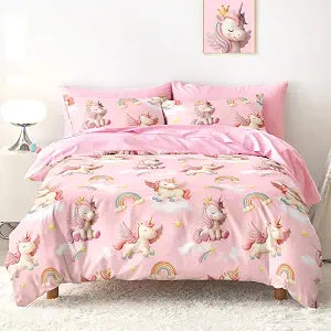 Wake In Cloud - Unicorn Bedding Set for Girls, 3D Unicorns Rainbow Clouds, Soft Lightweight Comforter Set with Sheets, 5 Pieces Kids Bed in a Bag, Pink, Twin Size