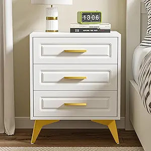 Giluta White Nightstand with 3 Drawers, Modern Night Stand with Gold Solid Metal Legs & Handles, Wood Bedside Table, Sofa End Side Table for Bedroom