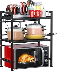 PUSDON 3-Tier Expandable Microwave Oven Rack, Countertop Baker's Rack Style Shelf, Heavy Duty Adjustable Standing Shelf with Hooks, 160lbs Capacity Kitchen Space Saver, Matte Black