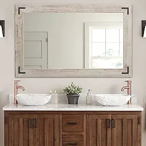 YOSHOOT Rustic Wooden Framed Wall Mirror, Natural Wood Bathroom Vanity Mirror for Farmhouse Decor, Vertical or Horizontal Hanging