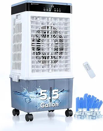 Air Choice Swamp Cooler, 3000CFM 31" Evaporative Air Cooler, 5.5Gal Removable Tank & 4 Ice Box, 120┬░ Oscillation, 3 Speeds, Remote, 12H Timer, 3-in-1 Air Cooling Fan for Outdoor, Office, Bedroom, Blue