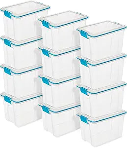 Sterilite 12-Pack Gasket Box, Weather-Resistant Storage Bins with Latching Lids, 20 Quart - Heavy-Duty Organizing Containers for Closet, Bathroom, and Office