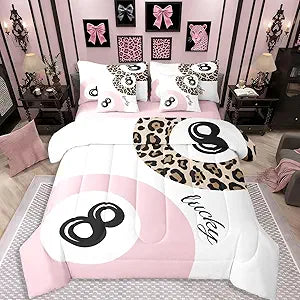 Funky Lucky 8 Ball Comforter Set 7 Piece Bed In A Bag Full,Boys Girls Preppy Leopard Print Bedding Sets,Lucky 8 Ball Cheetah Comforter and Sheets Y2K Trendy Preppy Bed Set Room Decor Aesthetic