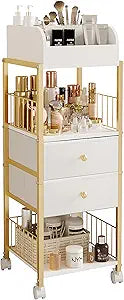 Makeup Organizer Storage Cart, Large Skincare organizers, Makeup Stand with Drawers, Makeup Vanity Organizer Cosmetics Display Cases Holder for Skin Care Nail Polish Perfume Makeup Brush (Gold)