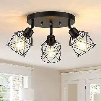Baocuz 3-Light Kitchen Flush Mount Ceiling Light, Adjustable Multi-Directional Ceiling Light Fixture, Farmhouse Black Metal Cage Close to Ceiling Lamp for Dining Room Bedroom Hallway