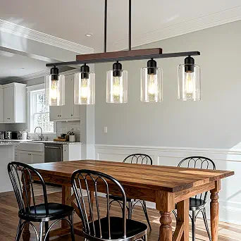 Farmhouse Dining Room Light Fixture: Modern 5-Light Kitchen Island Hanging Lighting with Glass Shade, Matte Black Industrial Linear Chandelier Over Table