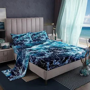 Erosebridal Blue Waves Bed Sheets Set Queen Size Ocean Sea Sheet Set Summer Theme Print Sheets Marine Water Grain Nautical Deep Pocket Top Sheet with 2 Pillow Cases